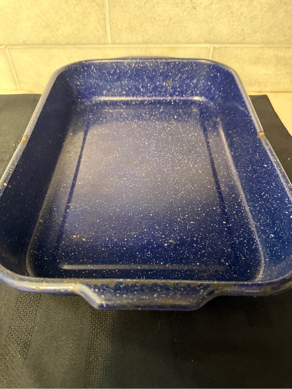 Vtg blue enamelware granite ware baking pan cobalt blue speckled roasting pan 14